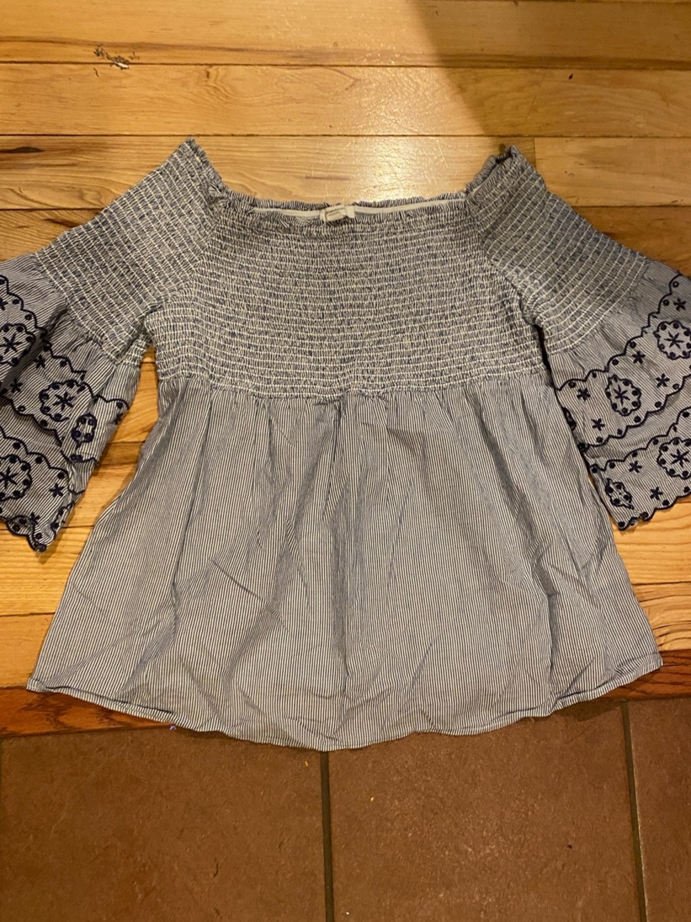 beachlunchlounge Light Blue Smocked Off-Shoulder Top with Navy Embroidery  L